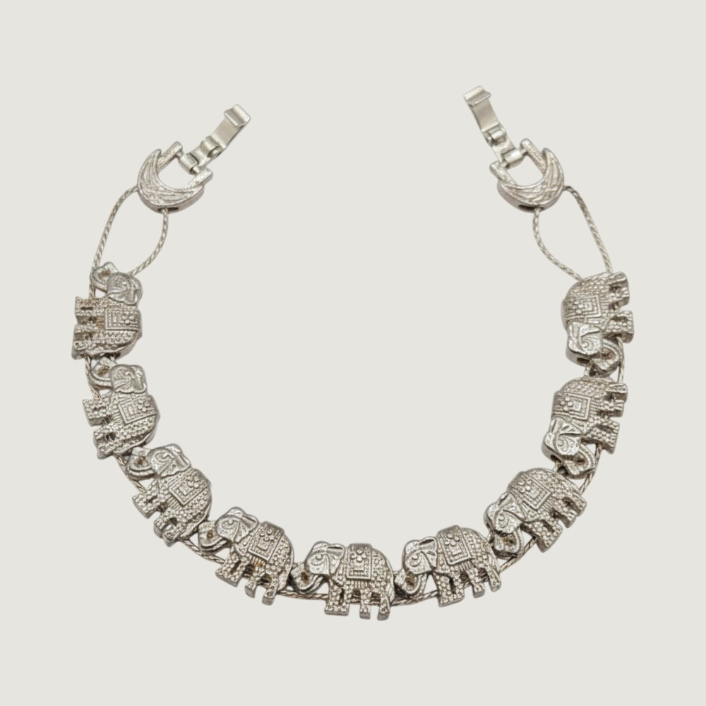 Vintage Elephant Slide Bracelet Silver Tone Animal Link 6.5 Inch Lucky Elephant
